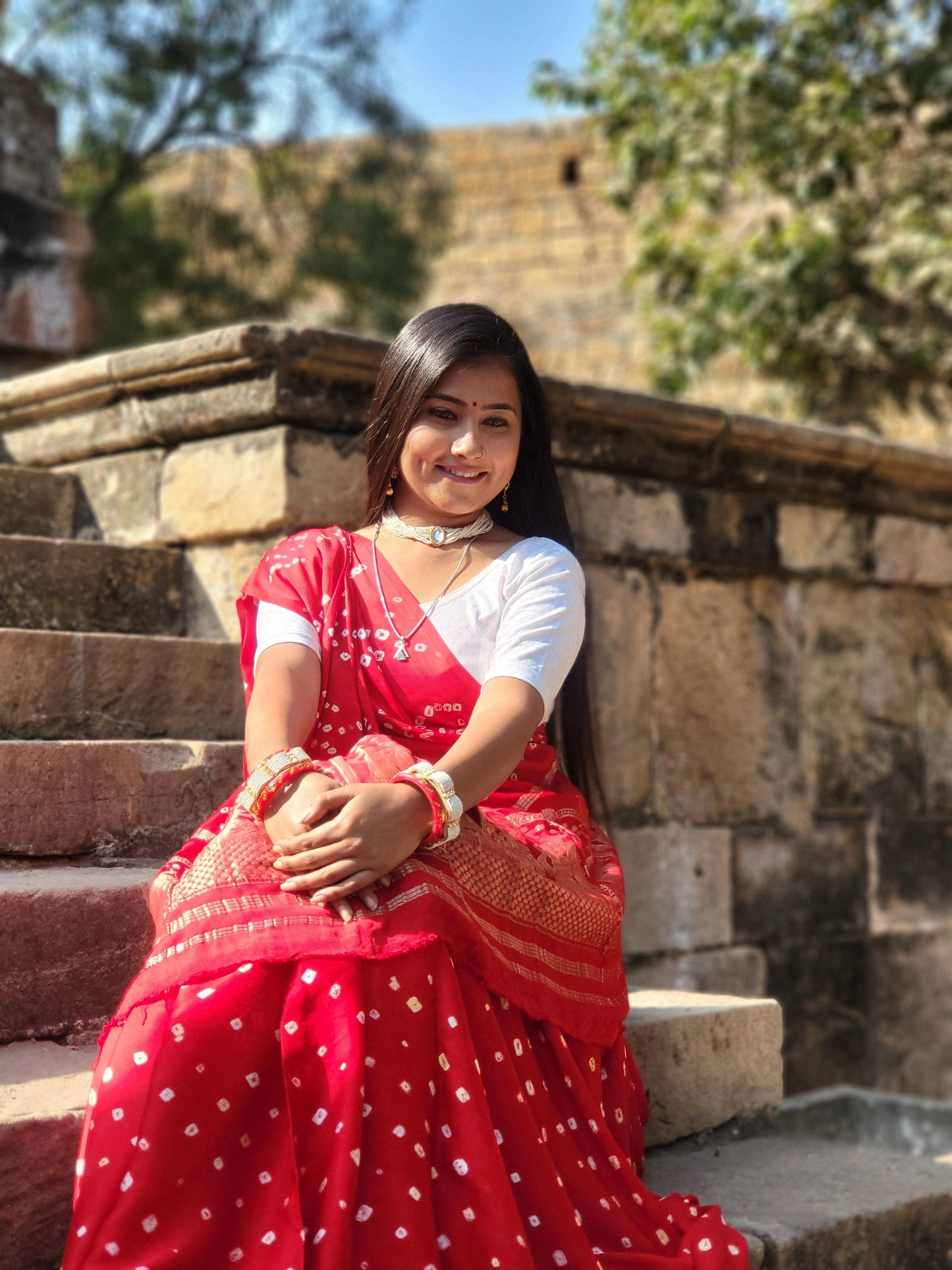 Traditional Garba Dance Gujarati Bandhani Saree(Red)