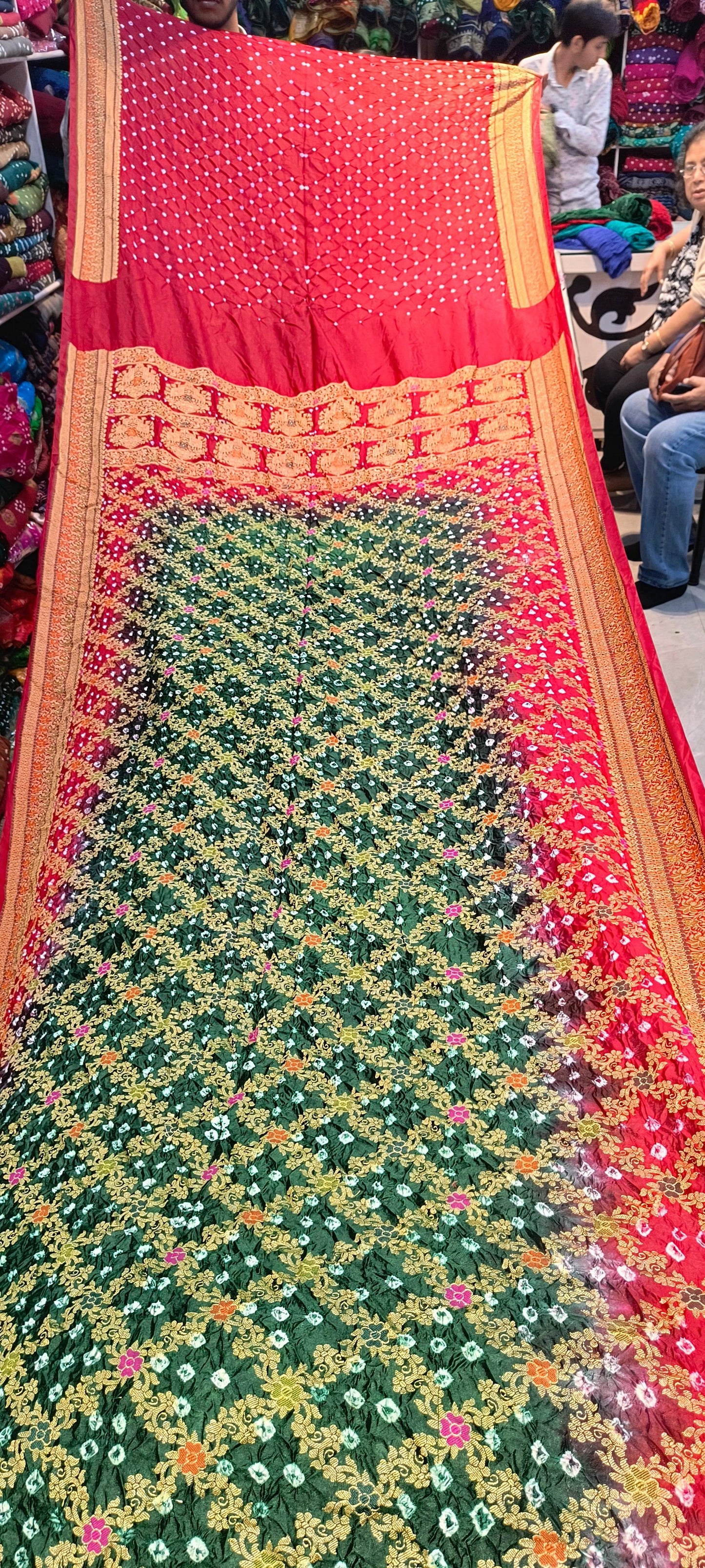 Dupion Fabric Gujarati Bandhani Saree (Red and green)