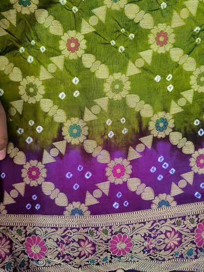 Dupion Fabric Gujarati Bandhani Saree(Green with purple)