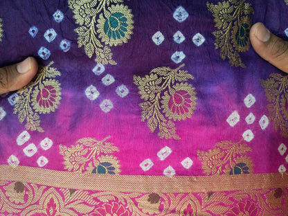 Dupion Fabric Gujarati Bandhani Saree (Royal Pink with navy blue)