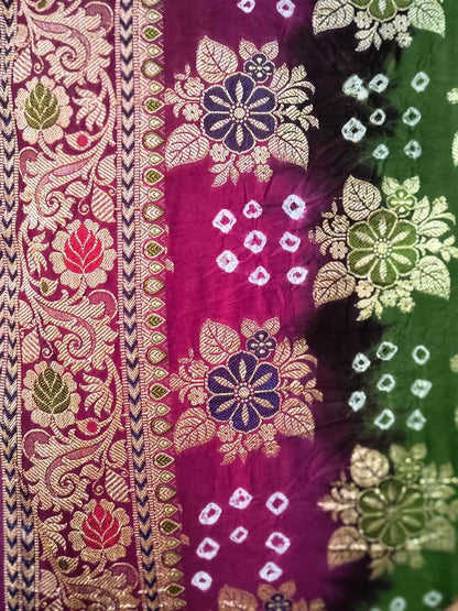 Dupion Fabric Gujarati Bandhani Saree (Royal Pink with Green)