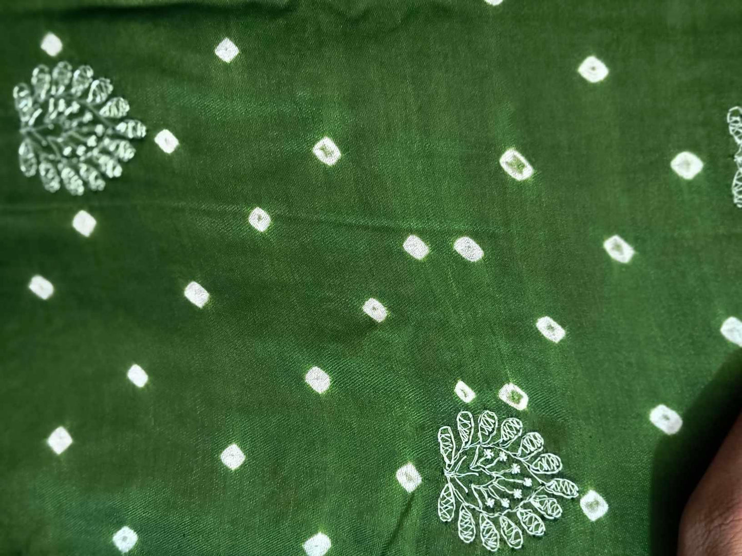 Gujarati Bandhani saree with Luckhnowi Chikankari work (Dark Green)