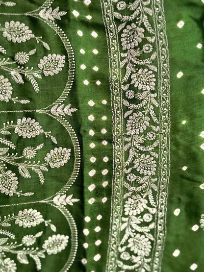 Gujarati Bandhani saree with Luckhnowi Chikankari work (Light Green)