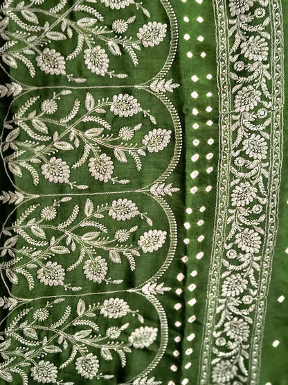 Gujarati Bandhani saree with Luckhnowi Chikankari work (Dark Green)