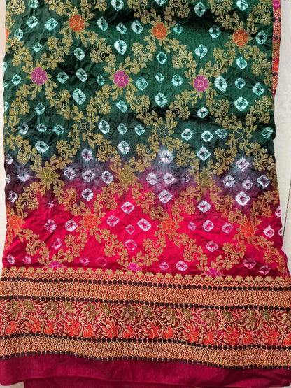 Dupion Fabric Gujarati Bandhani Saree (Red and green)