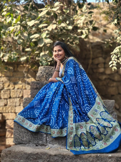 Gujarati Bandhani Saree with Gadwal Work (Blue with Pastel Green)