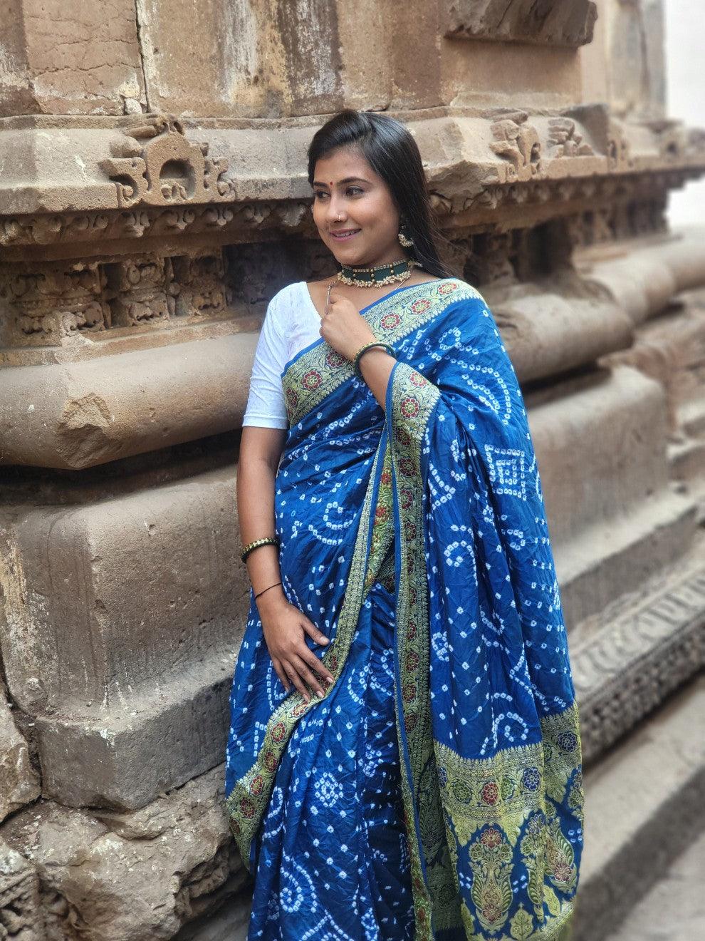 Gujarati Bandhani Saree with Gadwal Work (Blue with Pastel Green)