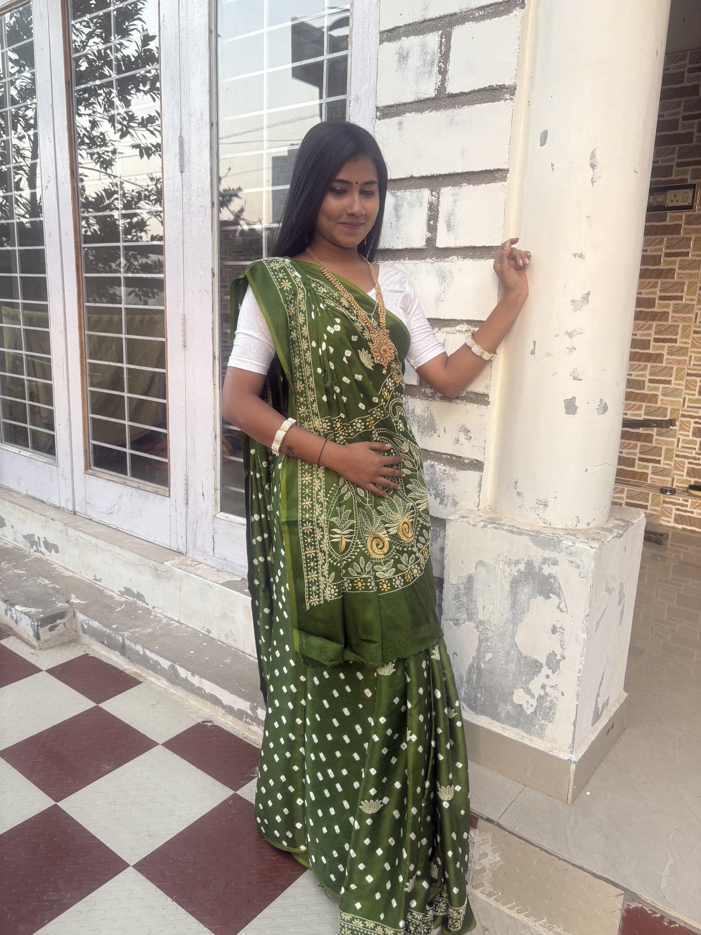 Gujarati Bandhani saree with Luckhnowi Chikankari work (Light Green)