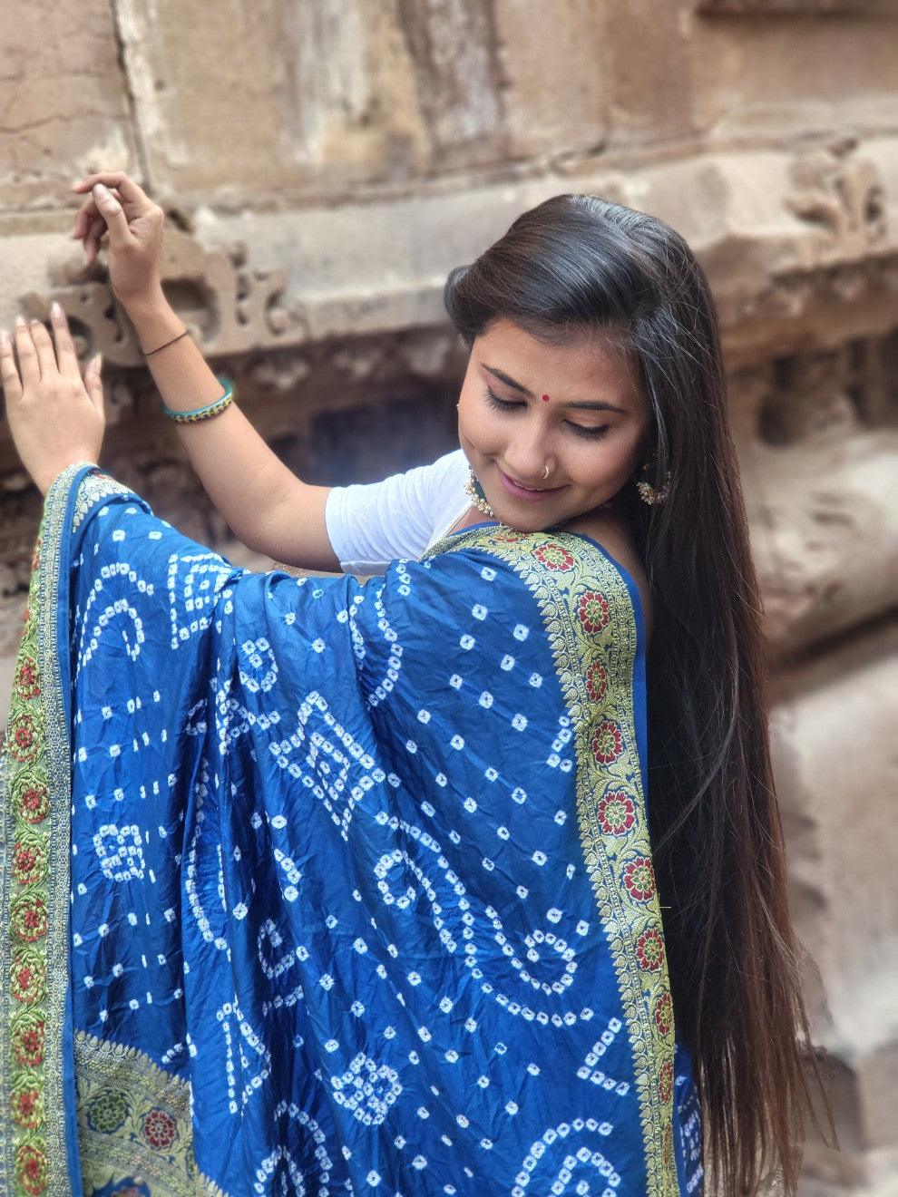 Gujarati Bandhani Saree with Gadwal Work (Blue with Pastel Green)