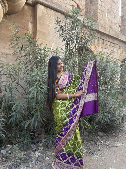 Dupion Fabric Gujarati Bandhani Saree(Green with purple)