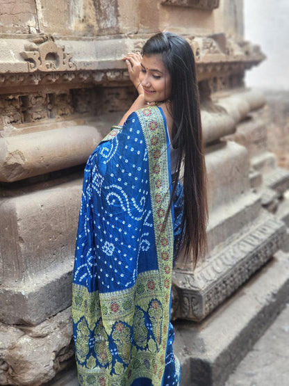 Gujarati Bandhani Saree with Gadwal Work (Blue with Pastel Green)