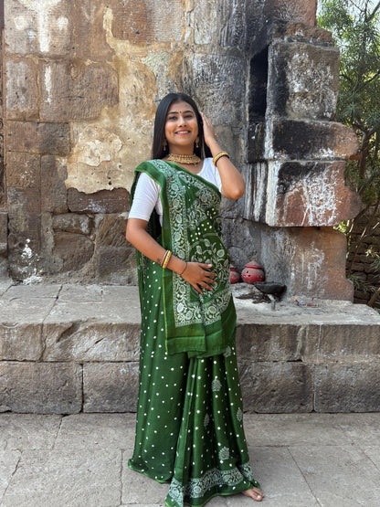 Gujarati Bandhani saree with Luckhnowi Chikankari work (Dark Green)