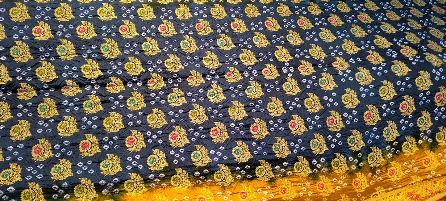 Dupion Fabric Gujarati Bandhani Saree (Yellow with blue)