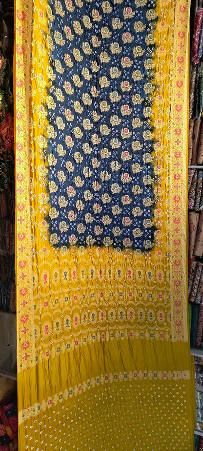 Dupion Fabric Gujarati Bandhani Saree (Yellow with blue)