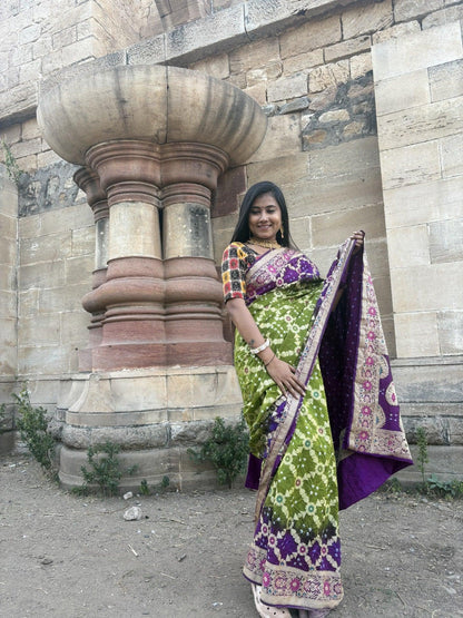 Dupion Fabric Gujarati Bandhani Saree(Green with purple)