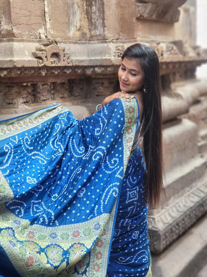 Gujarati Bandhani Saree with Gadwal Work (Blue with Pastel Green)